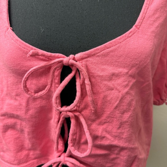 Free People Pink Tie Front Crop Top Puff Sleeve Boho Summer Festival Tee - Picture 3 of 13